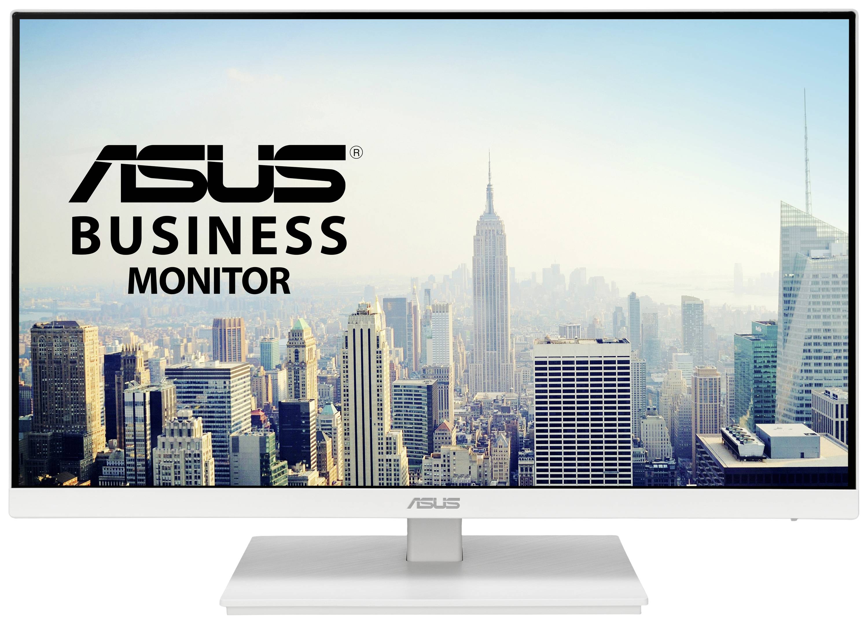 Ein Computerbildschirm zeigt eine Skyline mit dem Schriftzug 'ASUS Business Monitor' über der Stadtansicht.