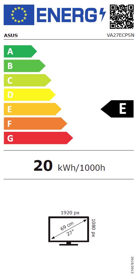 'Energieeffizienzklasse E', zeigt einen Stromverbrauch von 20 kWh pro 1000 Stunden für einen ASUS VA27ECPSN Monitor, Größe 27 Zoll.
