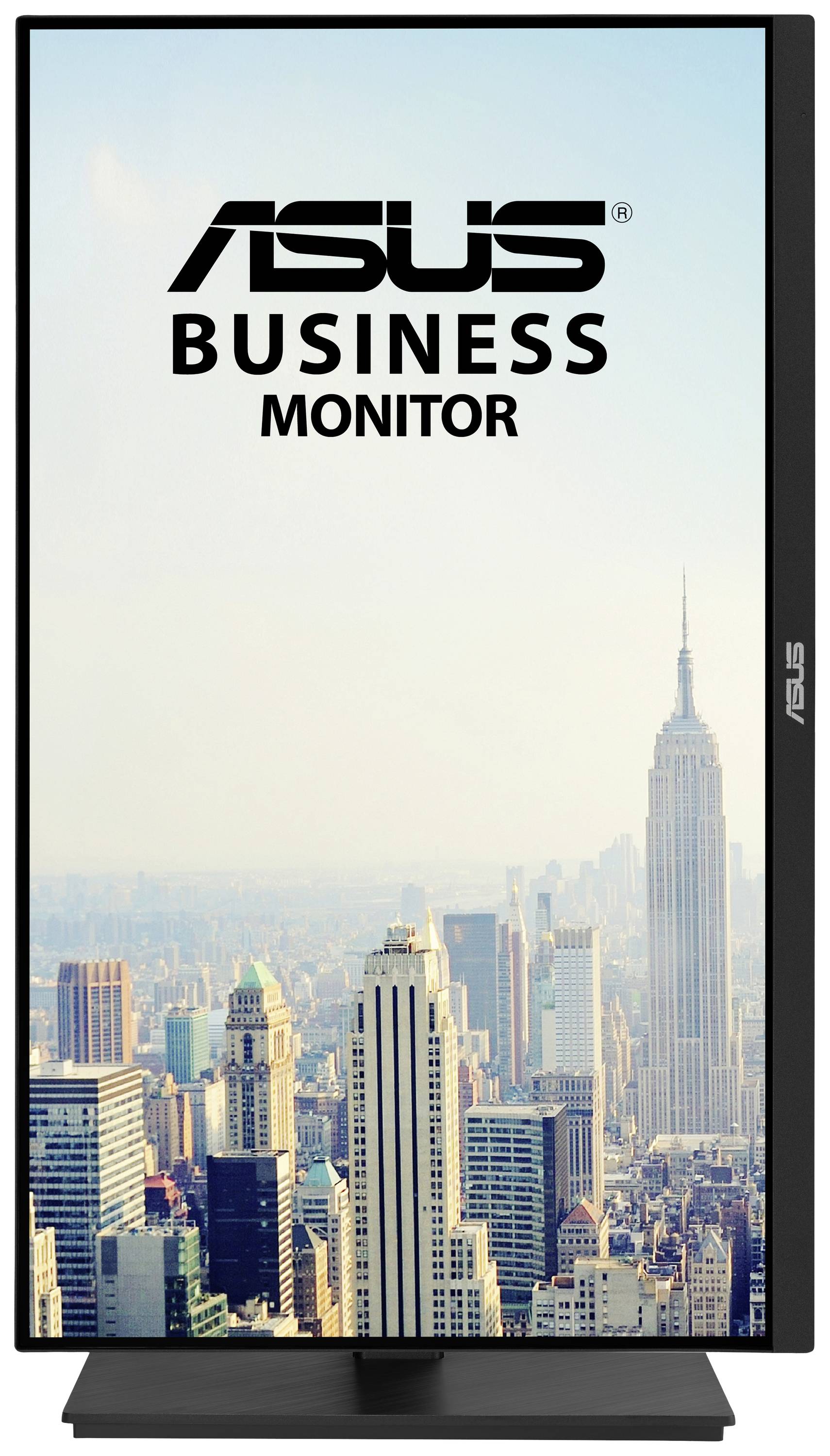 Ein 'ASUS Business Monitor' zeigt ein Hochformatfoto einer Stadtlandschaft mit Wolkenkratzern und dem Empire State Building.