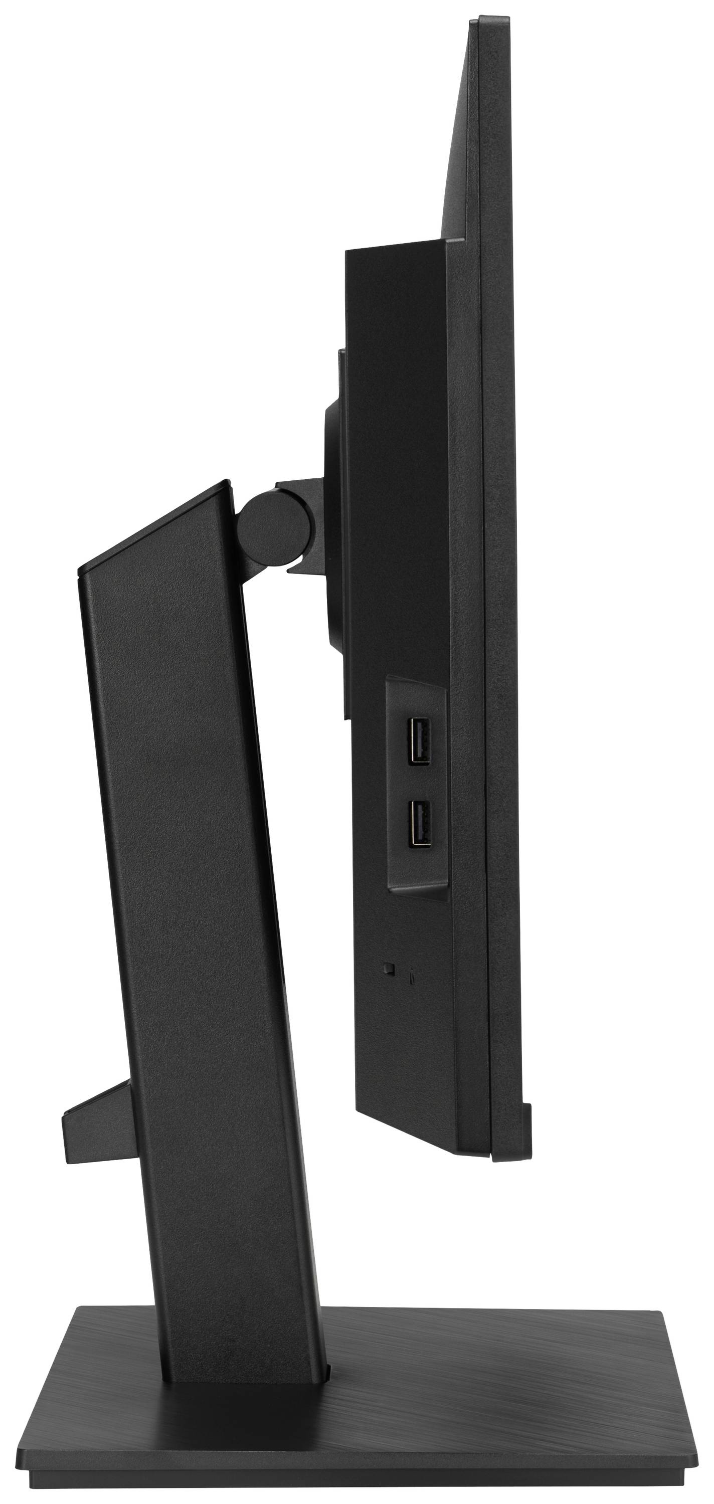 Seitenansicht eines schwarzen Computermonitors mit rechteckigem Standfuß und schmalem Rahmen, zeigt zwei USB-Anschlüsse an der Seite.