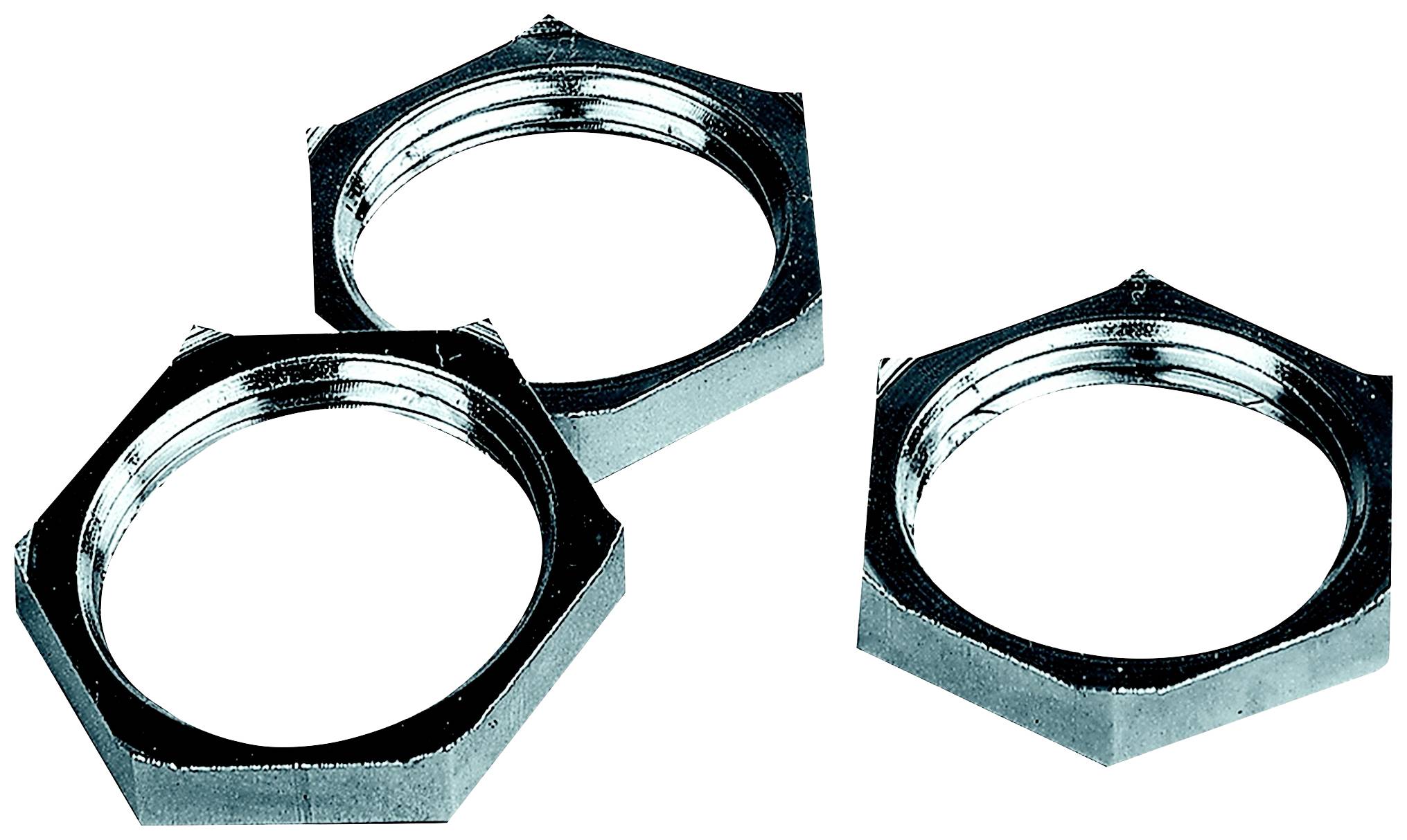 Drei sechseckige Metallmuttern mit Innengewinde liegen nebeneinander auf einer hellen Oberfläche.