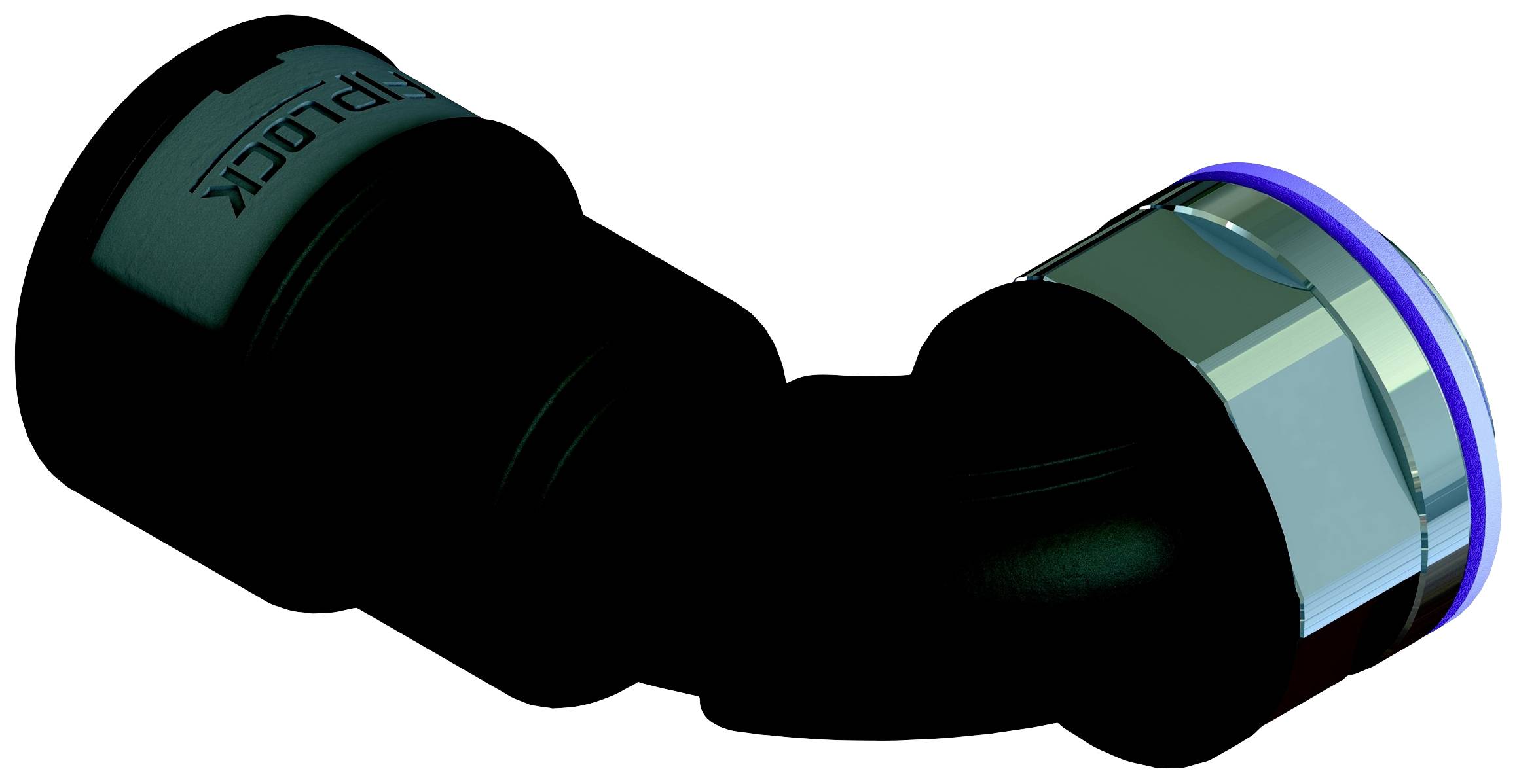 Schwarzer und metallischer Winkelanschluss zur Verbindung von Rohren in Rohrleitungssystemen, zeigt eine Biegung von 90 Grad.