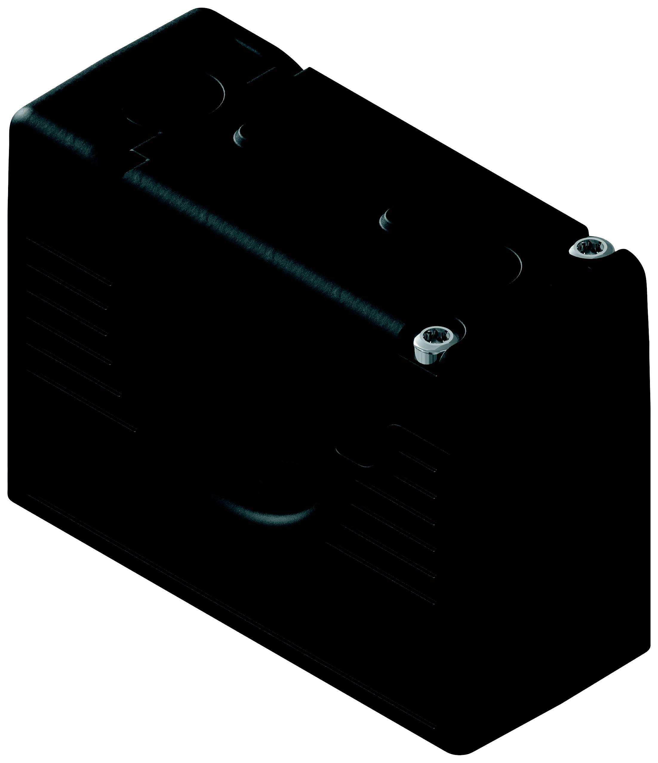 Ein schwarzes, rechteckiges Gerät mit zwei silbernen Schrauben oben, möglicherweise ein technisches Bauteil oder Gehäuse.