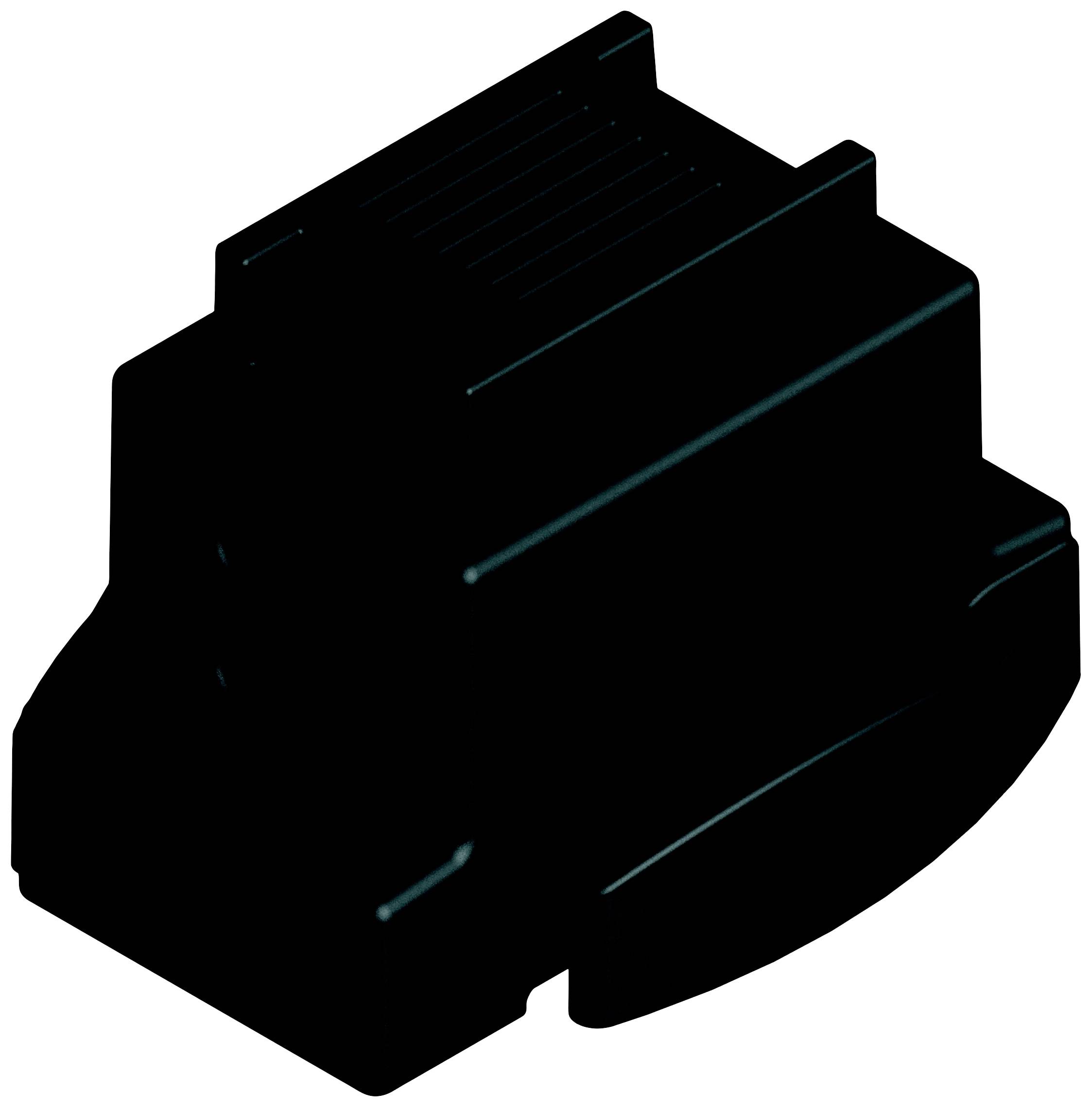 Es handelt sich um eine schwarze, einfarbige 3D-Darstellung eines Bauelements, möglicherweise eines elektrischen Steckverbinders oder Gehäuses.