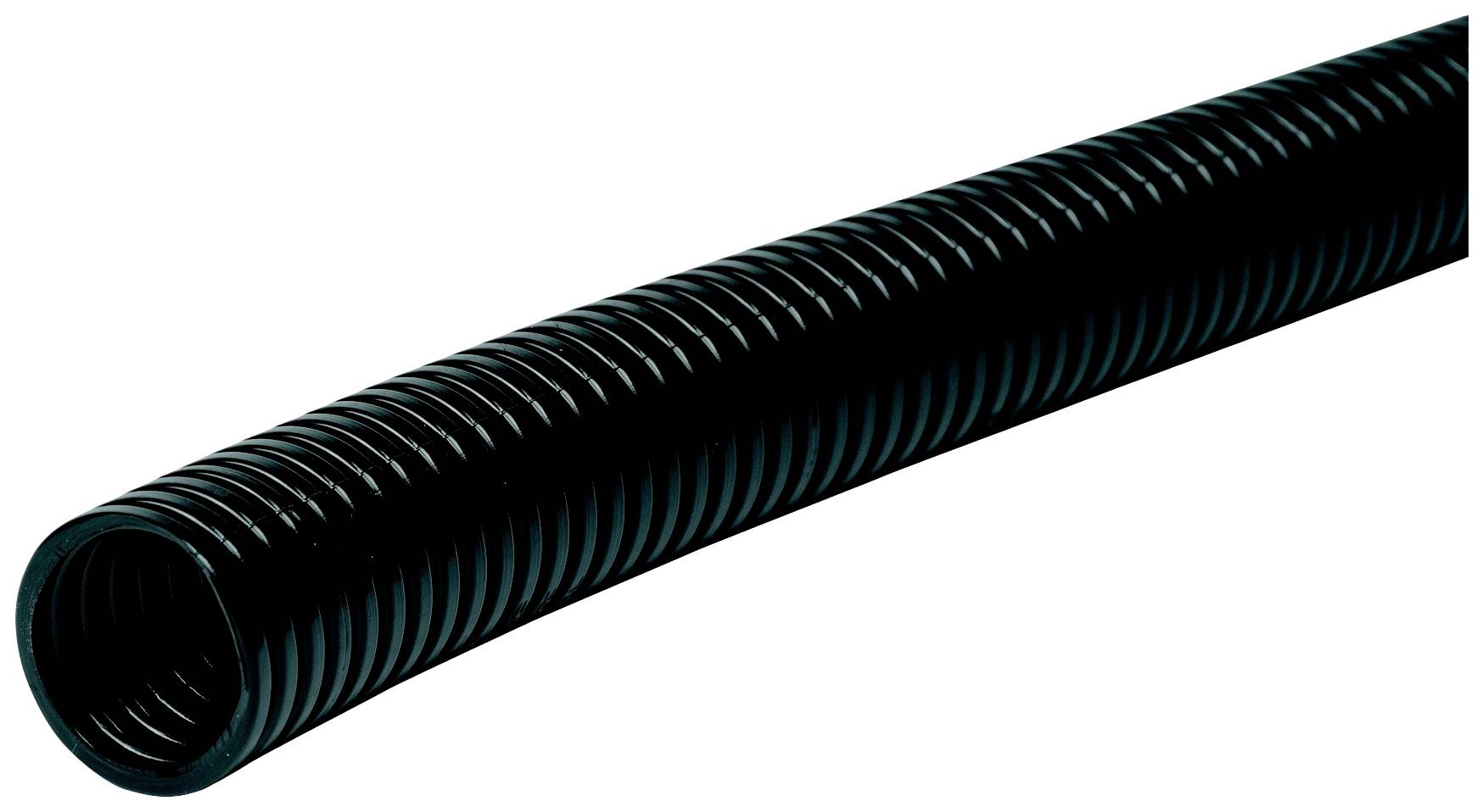 Schwarzer, flexibler Wellschlauch, der sich über die gesamte Bildbreite erstreckt.