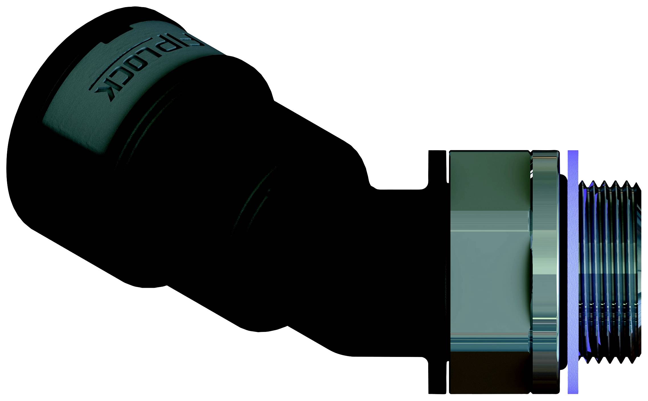 Ein dunkelblauer Metalladapter mit L-förmigem Design und Gewindeanschluss an einem Ende, möglicherweise Teil eines Rohrsystems.