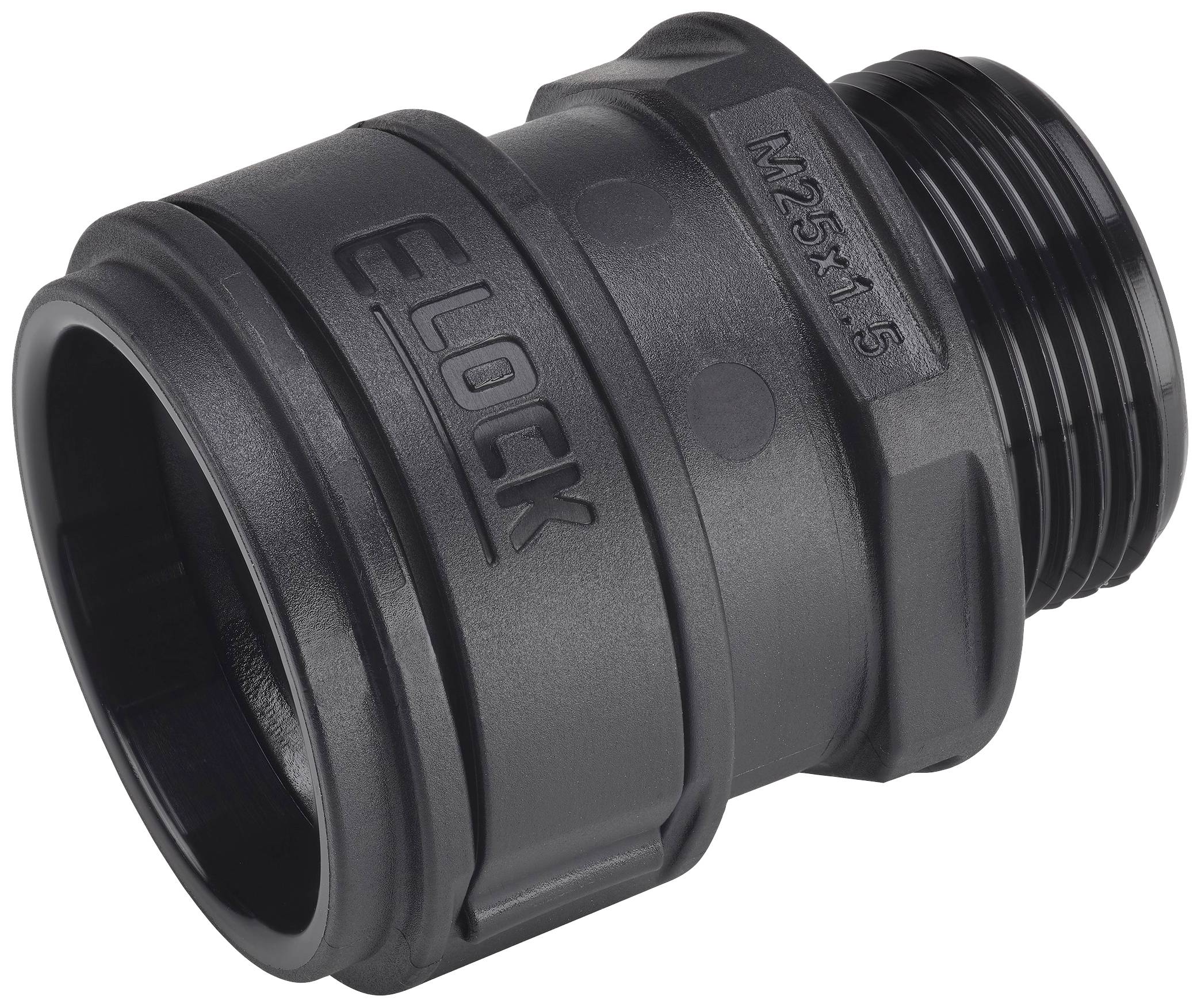 Schwarzer Kunststoff-Gewindestecker mit der Aufschrift 'Elock' und Gewindemaß M25x1,5.