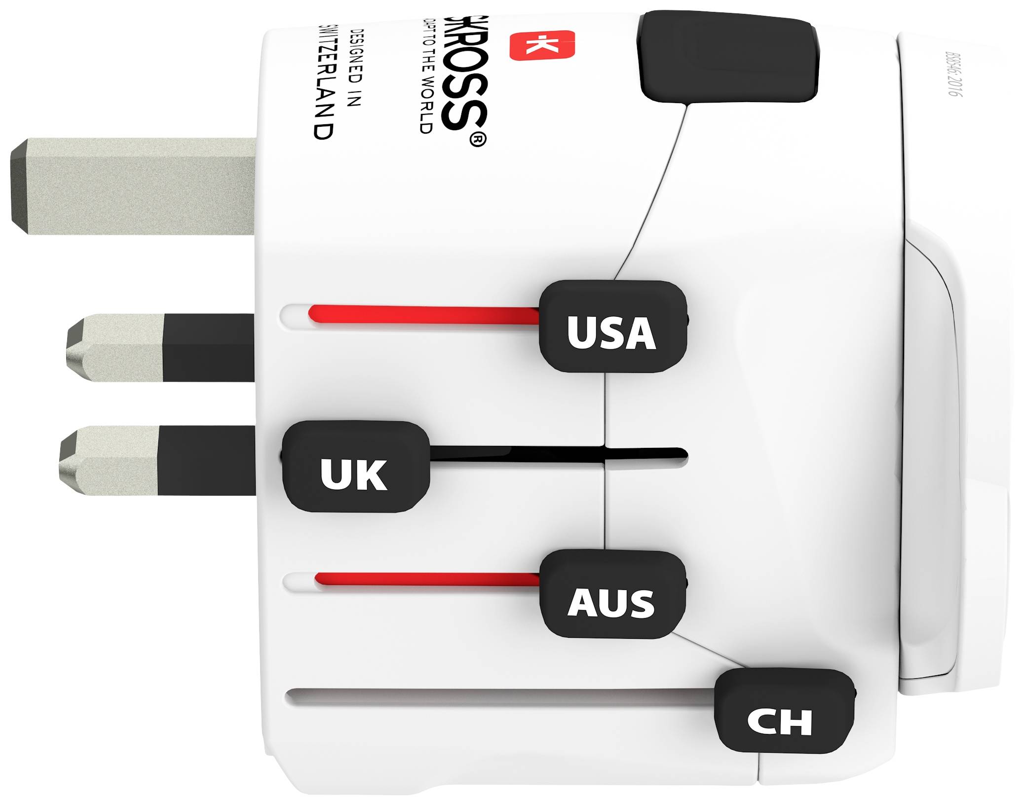 Universeller Reiseadapter mit einstellbaren Steckern für UK, USA, Australien und Schweiz. Kompakt und vielseitig für internationale Reisen.