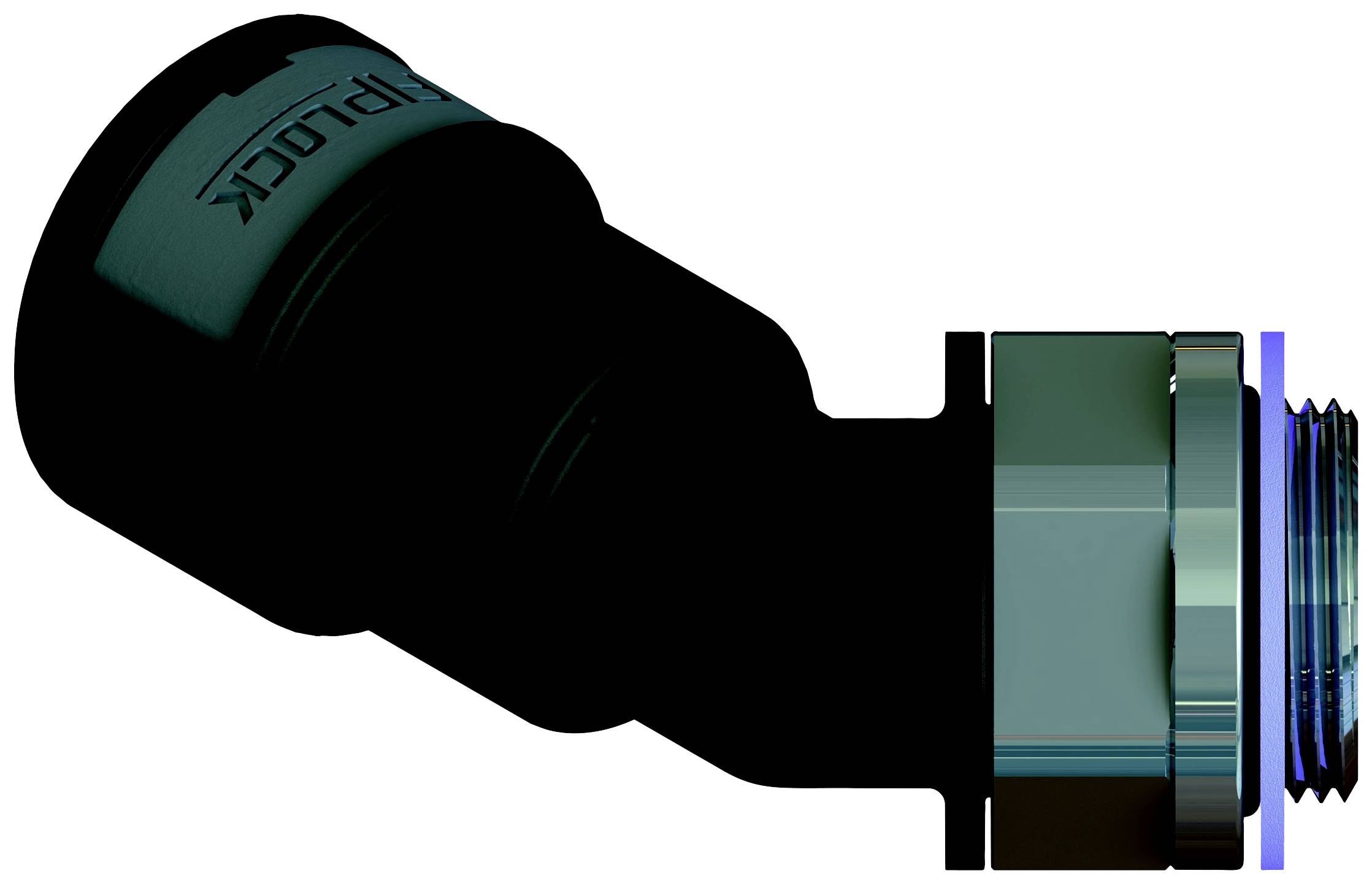 Ein schwarzer Rohrverbinder mit Gewinde; ideal für stabile Verbindungen in mechanischen Systemen.