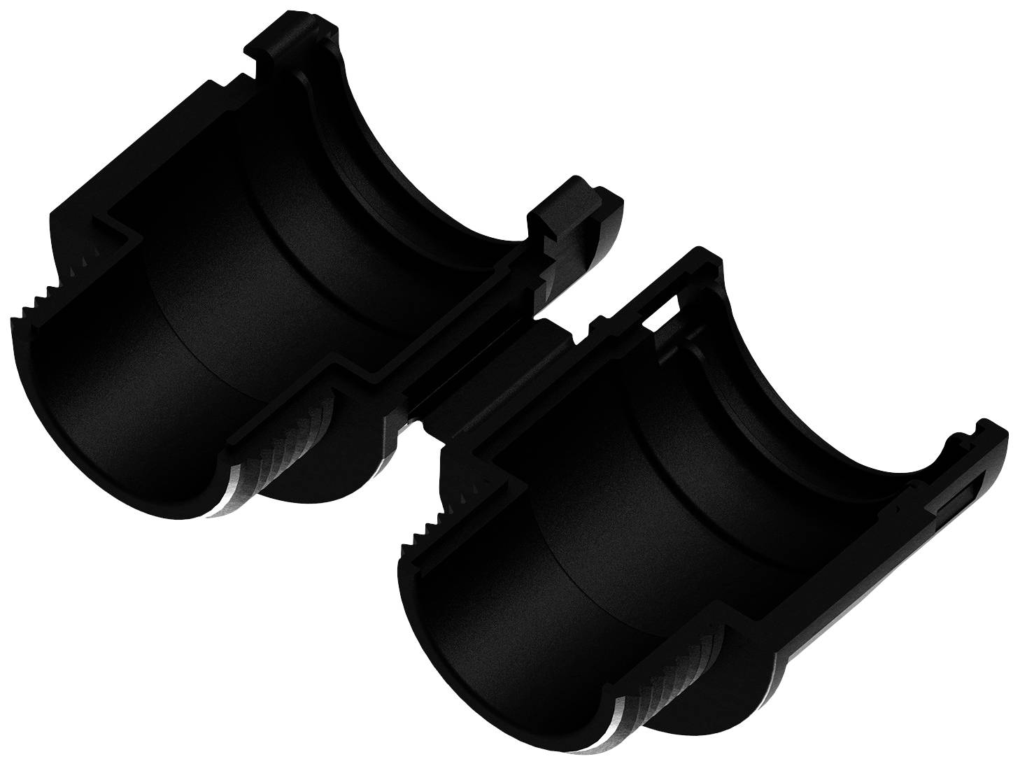 Zwei schwarze elliptische Hülsen mit abgerundeten Kanten, nebeneinander positioniert. Sie scheinen Teil eines technischen Geräts zu sein.