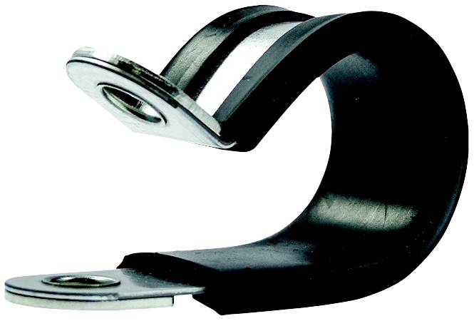 Schwarze Kunststoffschelle mit Metallverstärkung zur Kabelbefestigung, geformt als offener Ring mit Schraublöchern an beiden Enden.