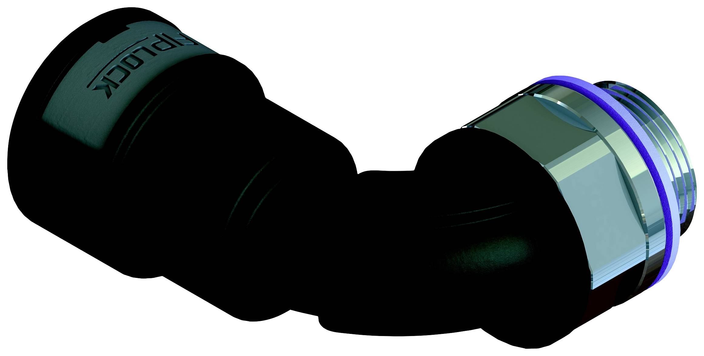 Ein schwarzer L-förmiger Rohrverbinder mit einem blauen Ring in der Mitte, möglicherweise für Sanitär- oder Kabelanwendungen.