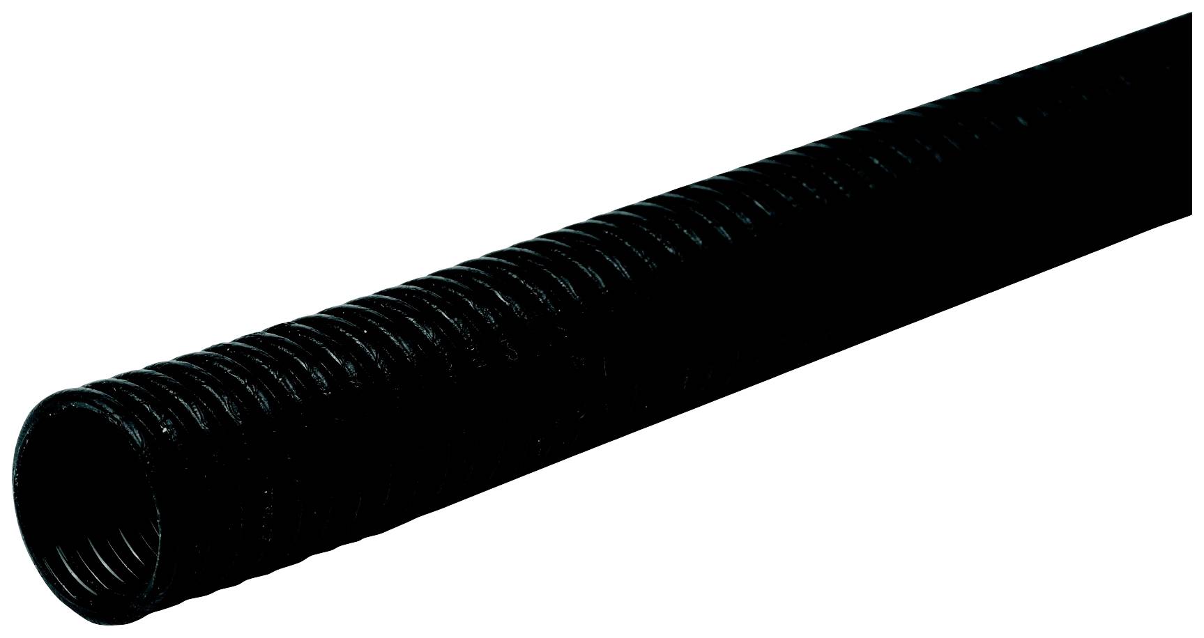 Ein schwarzes, flexibles Wellrohr, das für den Schutz von Kabeln in Installationen verwendet wird.