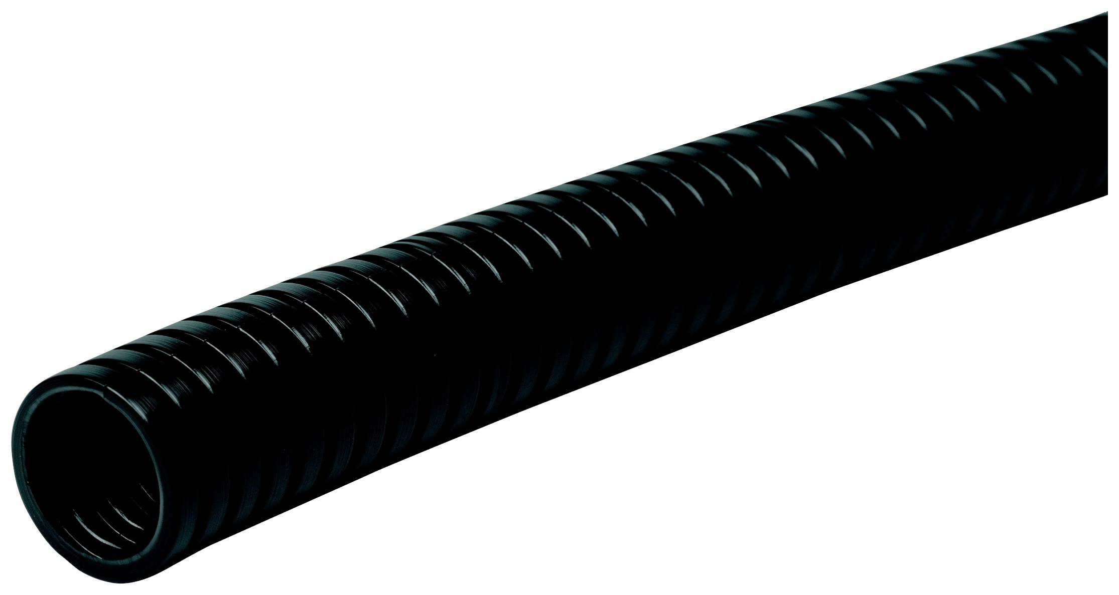 Ein schwarzer, flexibler, gerippter Schlauch, möglicherweise für industrielle oder technische Anwendungen.