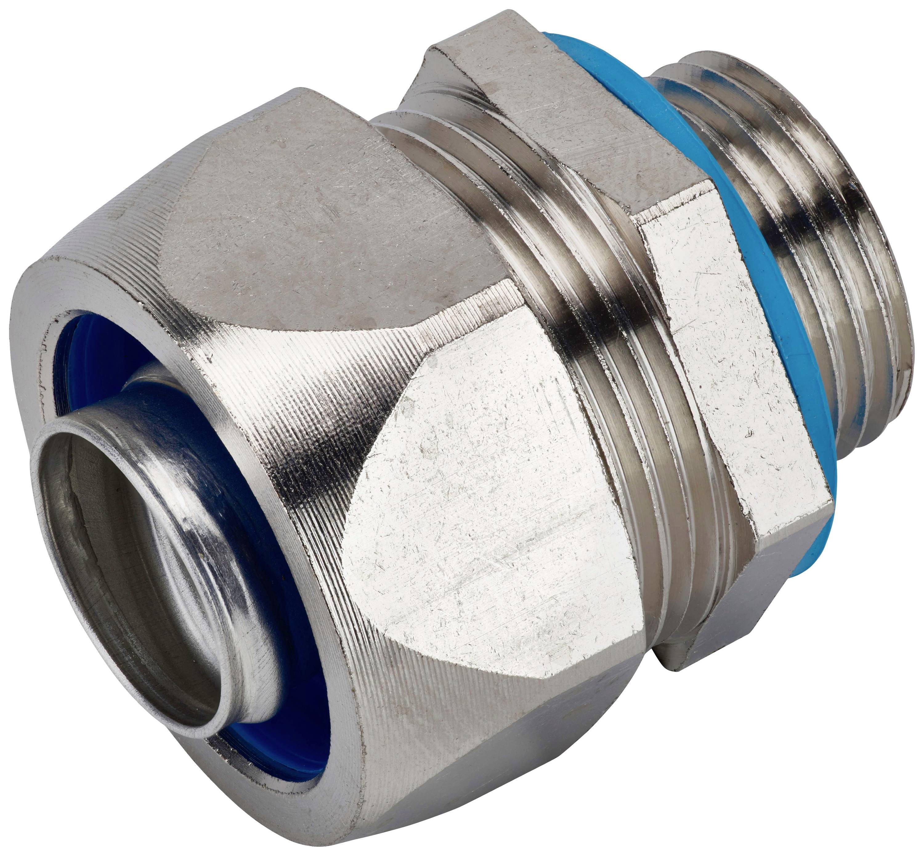 Metallkabelverschraubung mit blauem Dichtungsring, seitlich gelegen. Verwendet für sichere Kabelbefestigung und Schutz vor Feuchtigkeit.