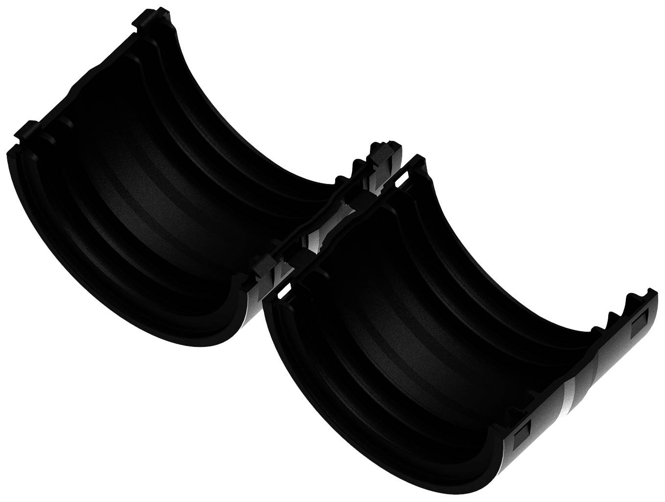 Zwei schwarze, halbzylindrische Kunststoffteile, die sich gegenüberliegen. Verwendet zur Abdeckung oder Verbindung in technischen Anwendungen.