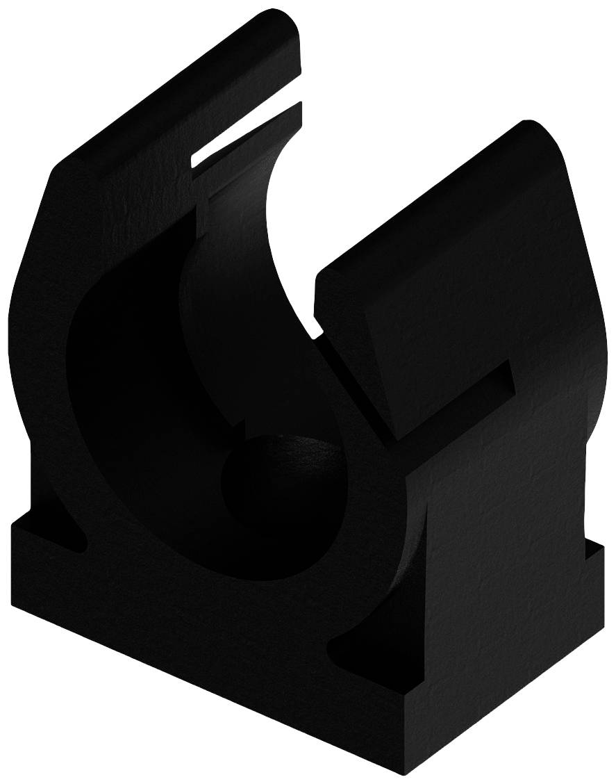 Ein schwarzes, gerilltes Kunststoff-Bauteil mit U-förmiger Öffnung und rechteckiger Basis. Geeignet für Kabelbefestigung.