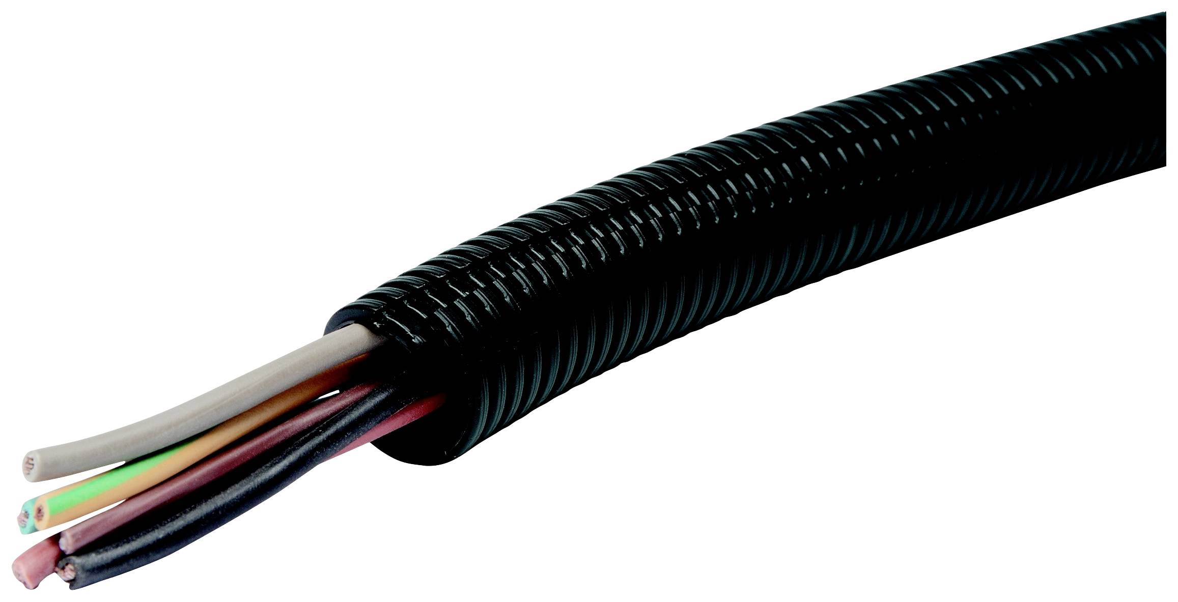 Ein schwarzes flexibles Schutzrohr enthält farbige Kabel: weiß, schwarz, grau, grün/gelb. Geeignet für Kabelschutz und -führung.
