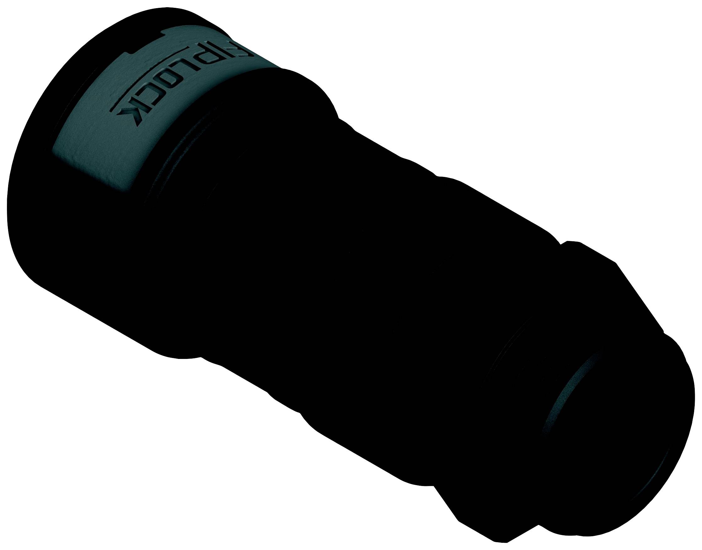 Ein schwarzer zylindrischer Adapter mit dem Aufdruck 'lip - lock' auf einem Teil des Gehäuses.