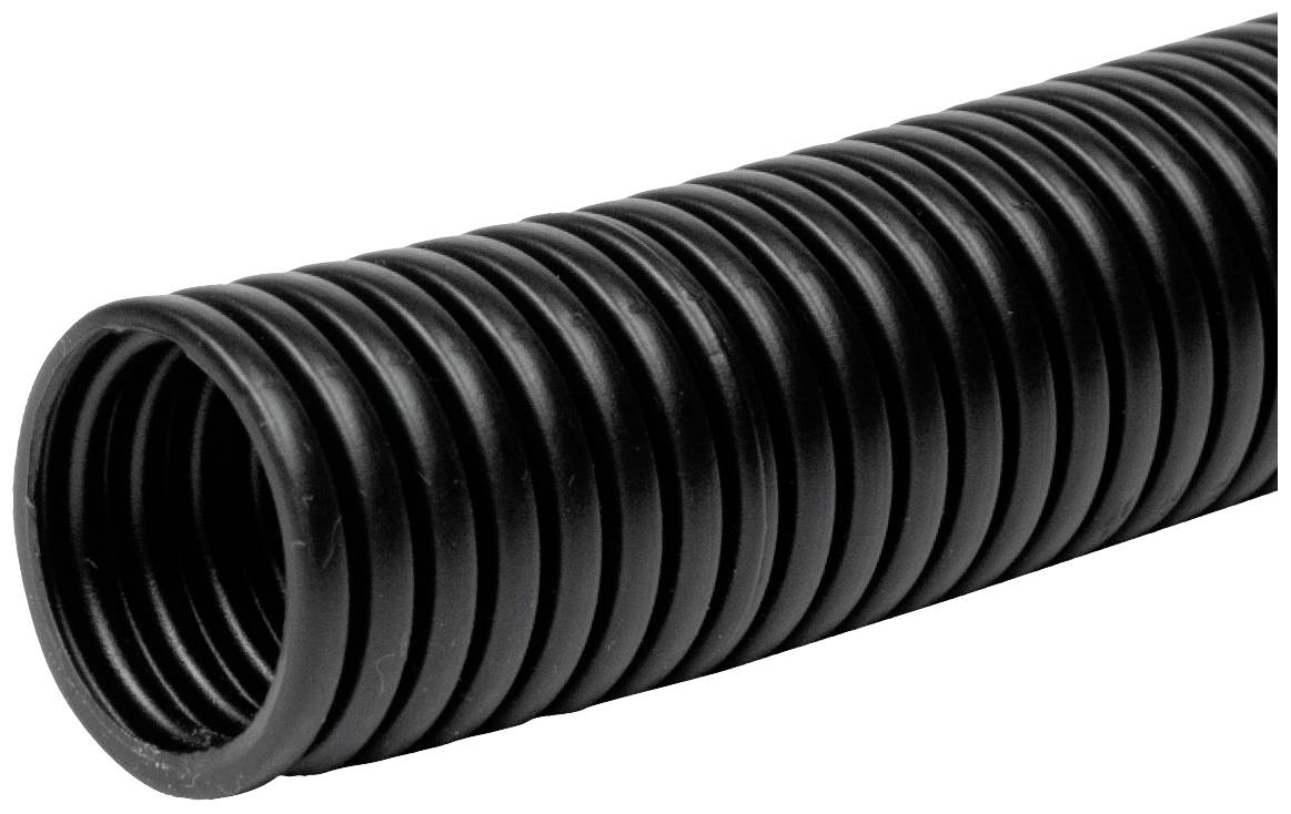Ein schwarzer, geriffelter Schlauch, für den Einsatz in der Elektroinstallation, um Kabel zu schützen und zu organisieren.