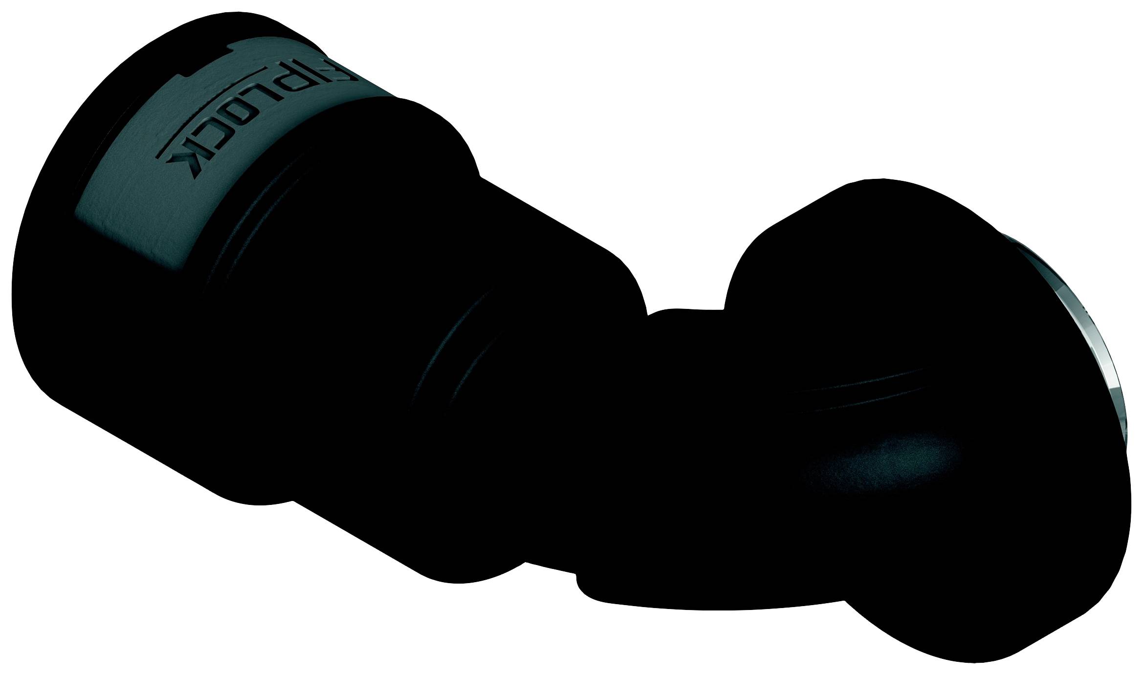 Schwarzes, gewinkeltes Kunststoffrohrstück mit glatter Oberfläche und erkennbaren Verbindungsstücken an beiden Enden, geeignet für die Installation.