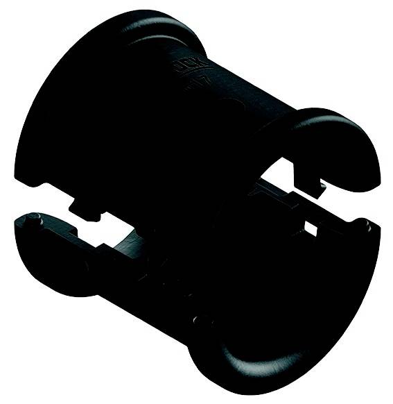 Ein Kunststoffadapter mit zylindrischer Form und Öffnungen an den Enden, möglicherweise für Kabelmanagement oder Halterung verwendet.