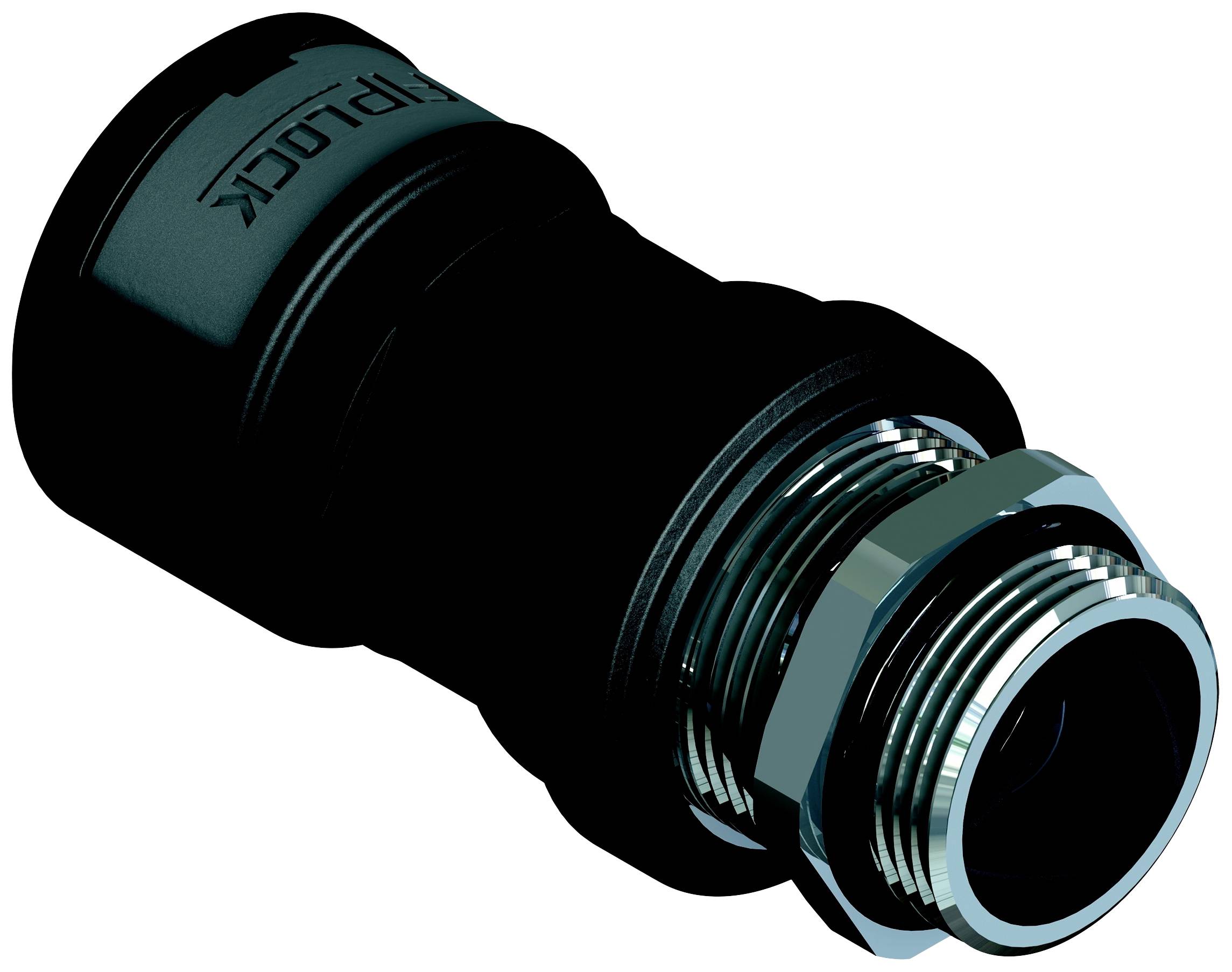 Ein schwarzer, zylindrischer Adapter mit metallischen Schraubgewinden, vermutlich Teil eines mechanischen oder elektrischen Verbindungssystems.