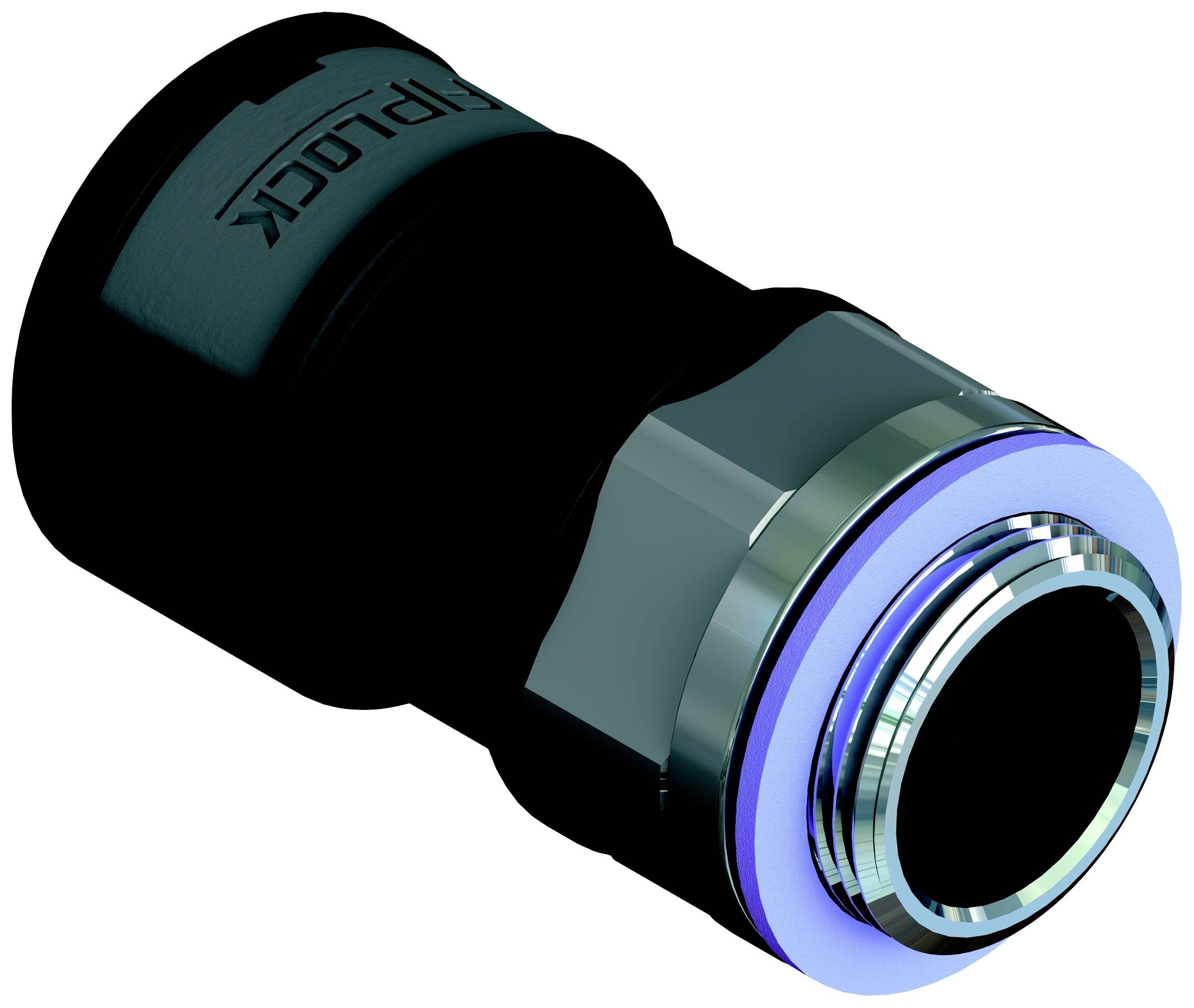 Ein schwarzer, zylinderförmiger Steckverbinder mit einem metallischen Ring und blauer Kante, verwendet für Rohrverbindungen.