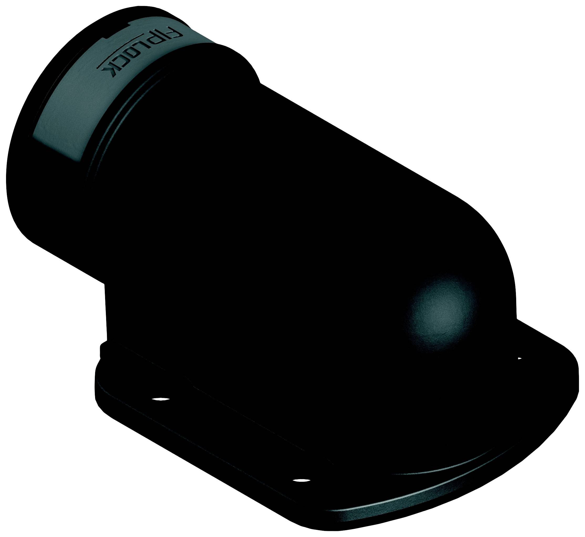 Ein schwarzes, zylindrisches Bauteil mit rechteckiger Basis, möglicherweise ein technischer Verschluss oder Adapter.