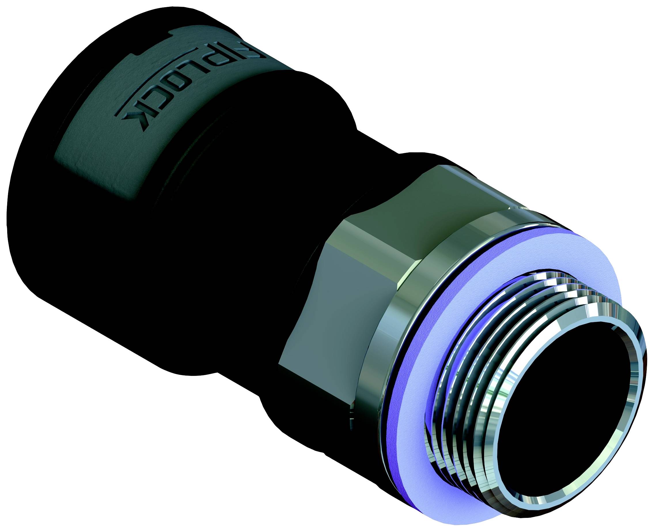 Metallene Schnellkupplung mit Gewinde auf schwarzem Hintergrund. Sie dient zur Verbindung von Rohren oder Schläuchen in Hydrauliksystemen.