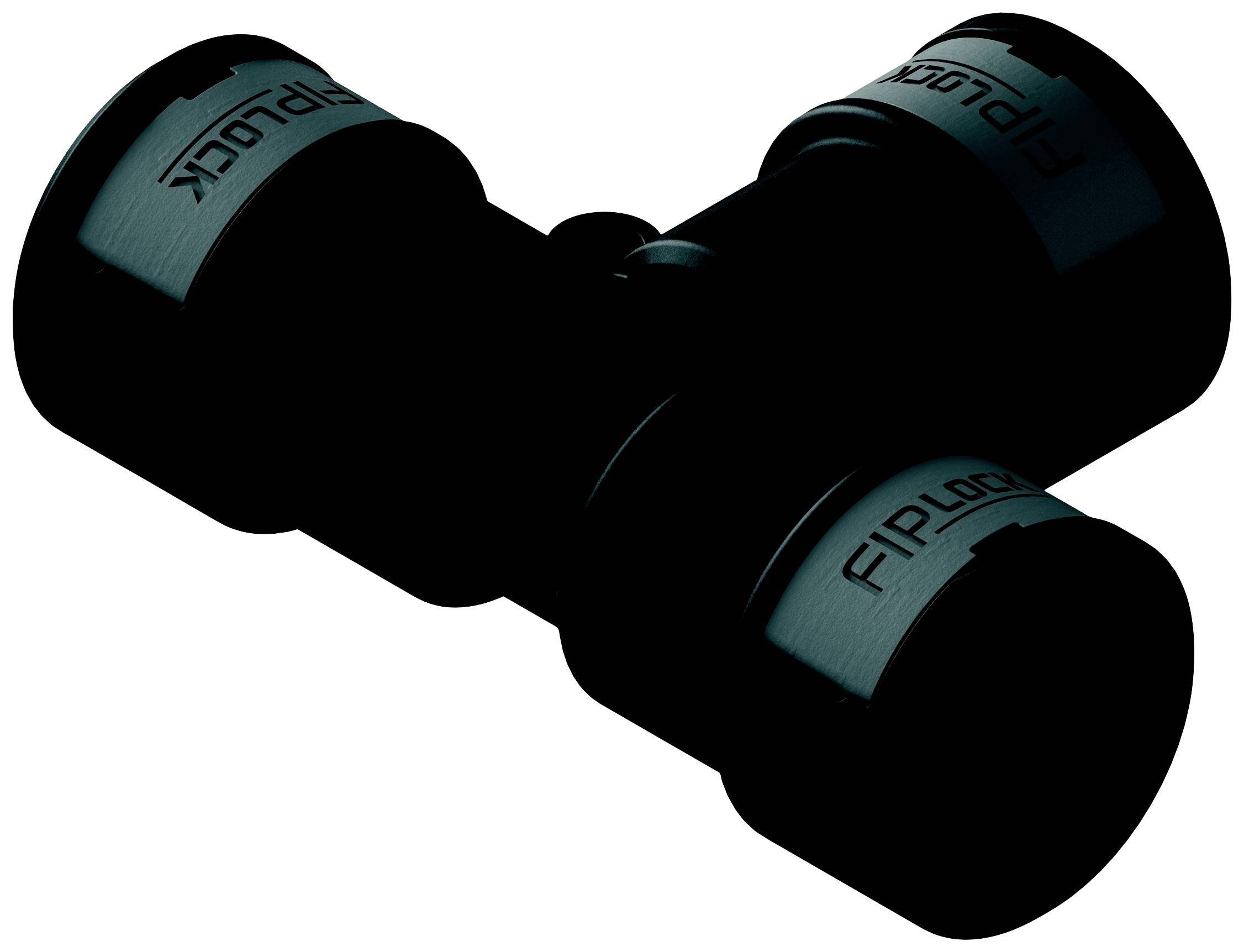 Ein schwarzes T-Stück-Rohrverbindungsstück aus Metall, beschriftet mit 'Fliplock', für den Anschluss von drei Rohren in der Wasserinstallation.