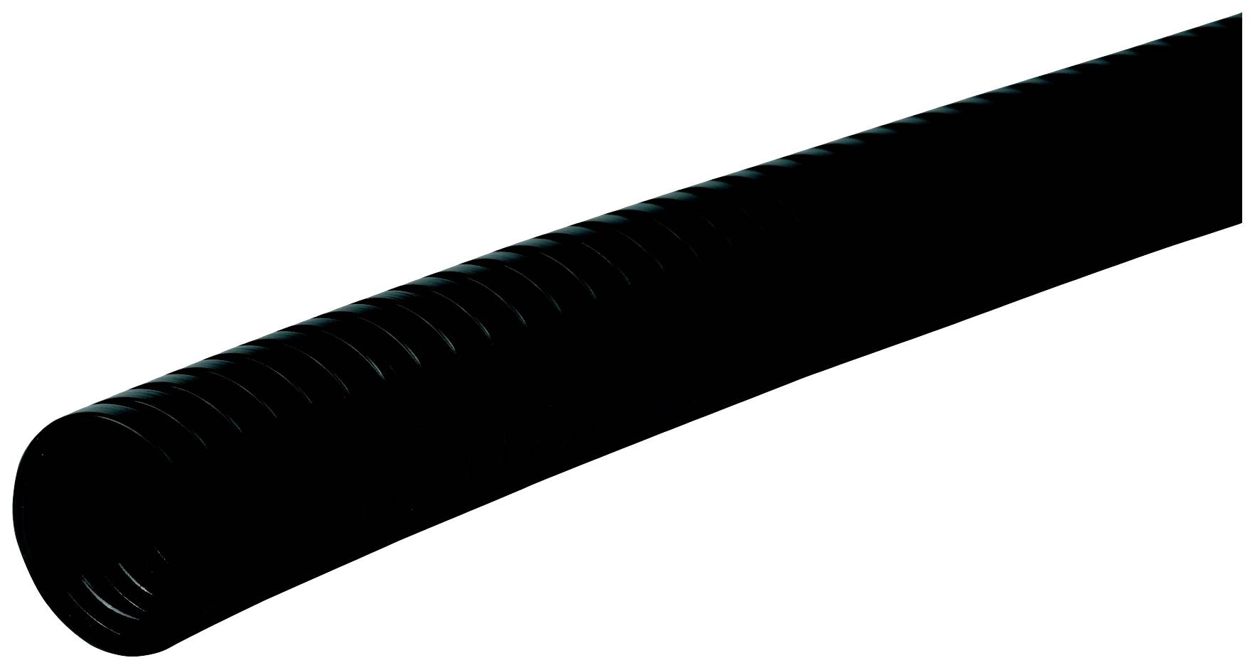Schwarzer flexibler Wellschlauch mit gerippter Oberfläche zur Kabelverlegung oder Schutz, zeigt Biegung und Textur.