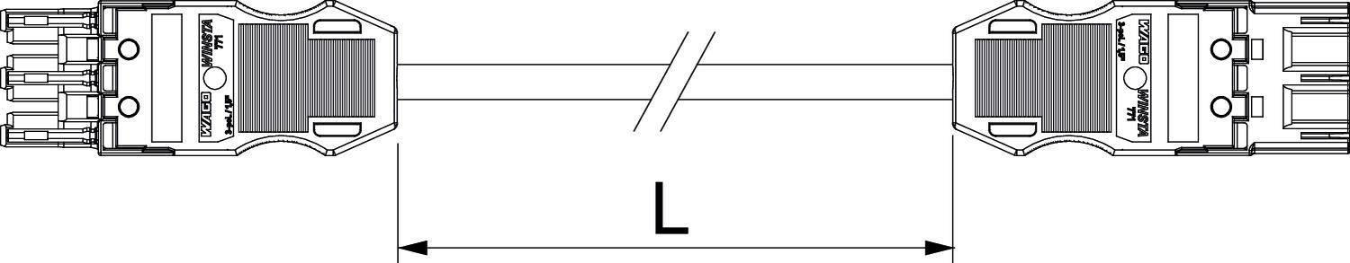 Diagramm von zwei Steckerverbinder mit einem Kabel dazwischen. Kennzeichnet die variable Länge L des Kabels.