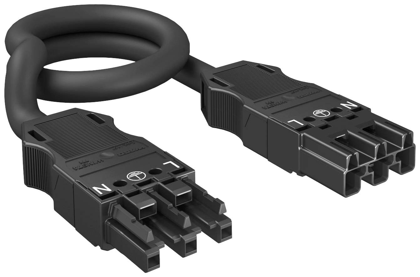 Schwarzes elektrisches Kabel mit zwei Steckern an jedem Ende, beschriftet mit 'N' und 'L', symbolisiert Stromverbindung.