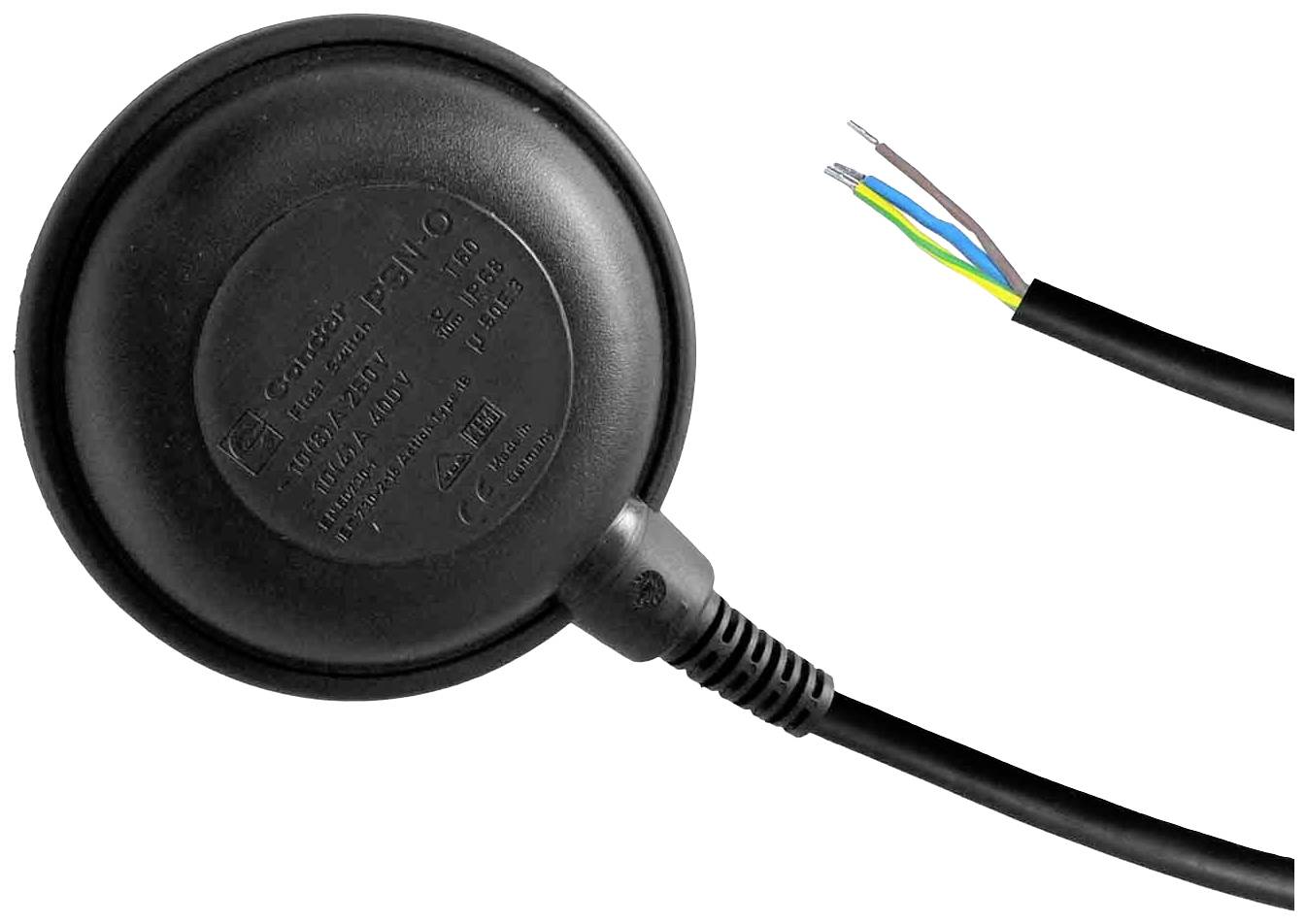 Schwimmerschalter mit dreiadrigem Kabel. Modellbezeichnung und technische Spezifikationen eingeprägt auf der Oberseite des Schalters.