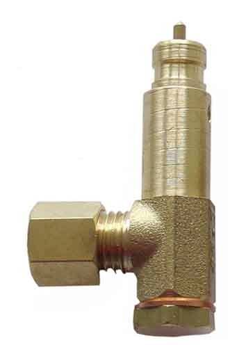 Goldfarbenes, metallisches Ventil mit einem L-förmigen Verbindungsstück und einer geriffelten Oberfläche.