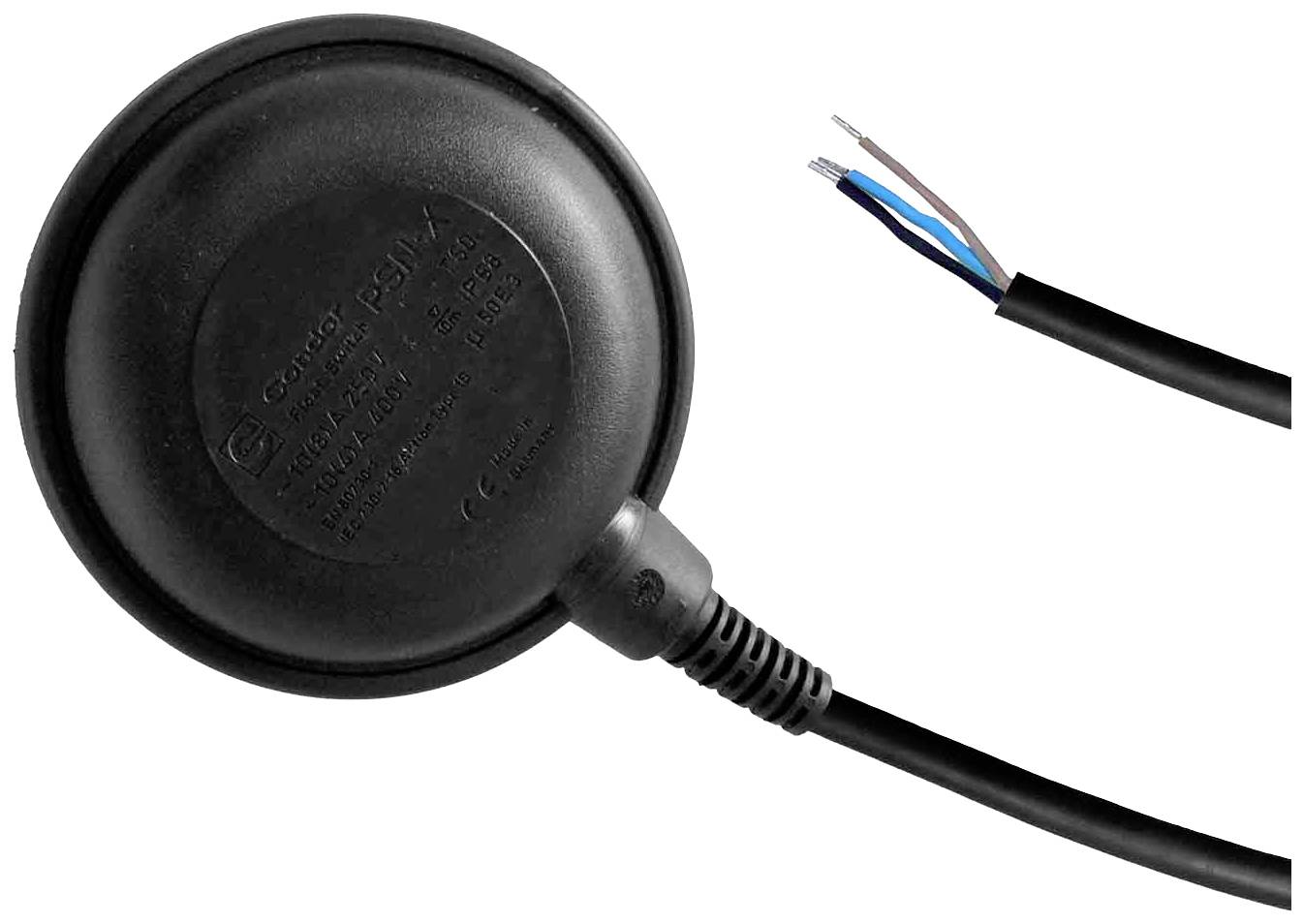 Schwimmerschalter mit rundem schwarzen Gehäuse und dreiadrigem Kabel, geeignet zur Kontrolle des Flüssigkeitsstands in Behältern.