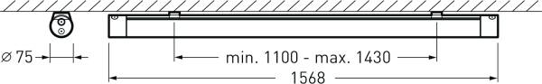 Skizze einer Beleuchtungseinrichtung mit verstellbarer Länge von 1100 bis 1430 mm, Gesamtlänge 1568 mm, Durchmesser der Deckenbefestigung 75 mm.