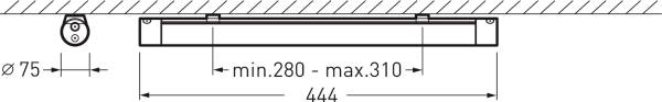 Skizze eines rechteckigen Objekts mit Maßen: Länge 444 mm, Breite variabel von 280 mm bis 310 mm, montiert unter einer Fläche.