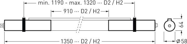 Diagramm eines zylindrischen Objekts mit Maßen: Länge min. 1190 - max. 1320 mm, Breite 65 mm, Höhe 64 mm, mittlere Länge 1350 mm.