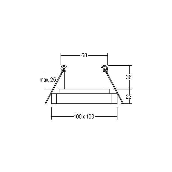 Technische Zeichnung eines rechteckigen, hängenden Objekts mit Maßen: Breite 100x100, Höhe 23 mm, Seilaufhängung max. 25 mm.