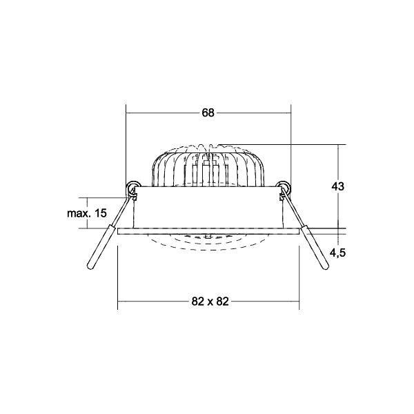 Technische Zeichnung eines quadratischen LED-Einbaustrahlers mit Abmessungen: Breite 68 mm, Höhe 43 mm, Tiefe 82 mm.