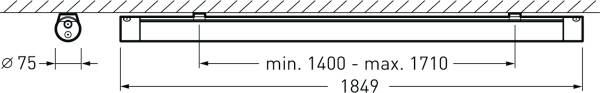 Diagramm einer langen Leuchte mit den Maßen: minimale Länge 1400 mm, maximale Länge 1710 mm, Gesamtlänge 1849 mm, Durchmesser 75 mm.