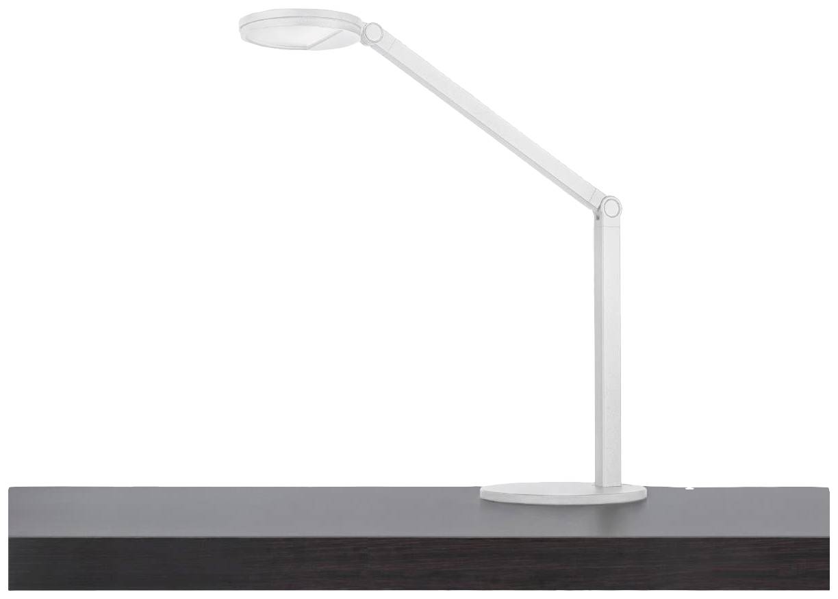 Eine moderne, weiße Tischleuchte mit verstellbarem Arm steht auf einem schwarzen Tisch.