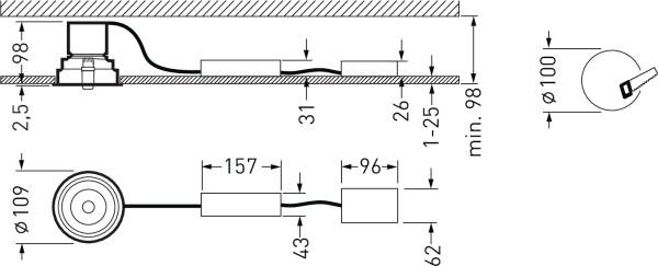 Montageschema für Sensor mit 98mm Einbautiefe, 100mm Durchmesser. Kabelabstand: 31mm. Anschlüsse: 157mm und 96mm voneinander.