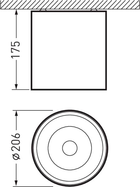 Technische Zeichnung: Oben - quadratische Fläche, Höhe 175 mm. Unten - runde Fläche, Durchmesser 206 mm.