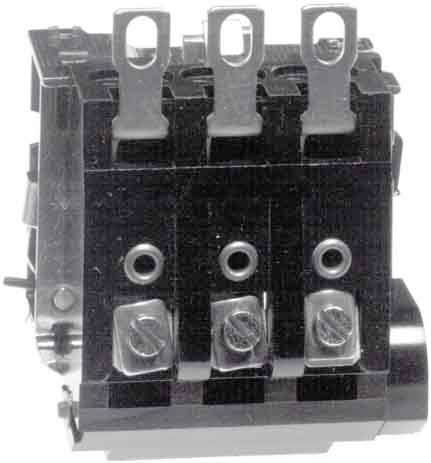 Schwarzer elektrischer Schalter mit drei Anschlussklemmen und Metallhebeln, geeignet für die Verbindung in elektrischen Schaltkreisen.