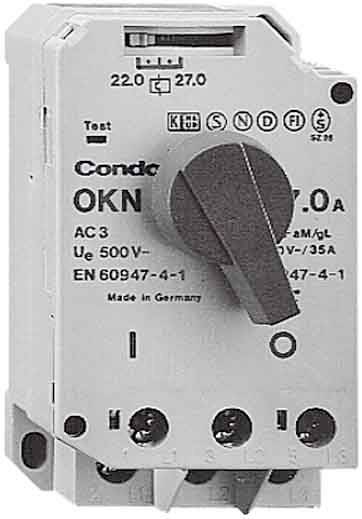 Ein dreipoliger Motorschutzschalter der Marke Condor, Modell OKN 7.0A, für Stromkreise bis 500V, mit Drehknopf und Prüfknopf.