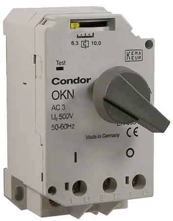 Schalter mit Condor-Logo, Beschriftung 'OKN', Spannungsangabe 500V AC, Frequenz 50-60Hz, Drehgriff in Position EIN.