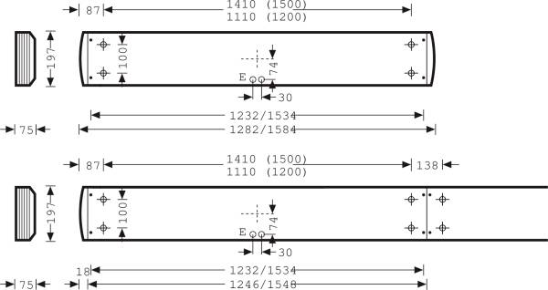Technische Zeichnung mit Maßangaben für zwei längliche Objekte. Enthält Maße in Millimetern, fokussiert auf Breite und Länge.